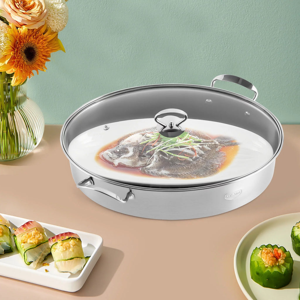 ZhdnBhnos Stainless Steel Fish Steamer with Glass Lid L7059