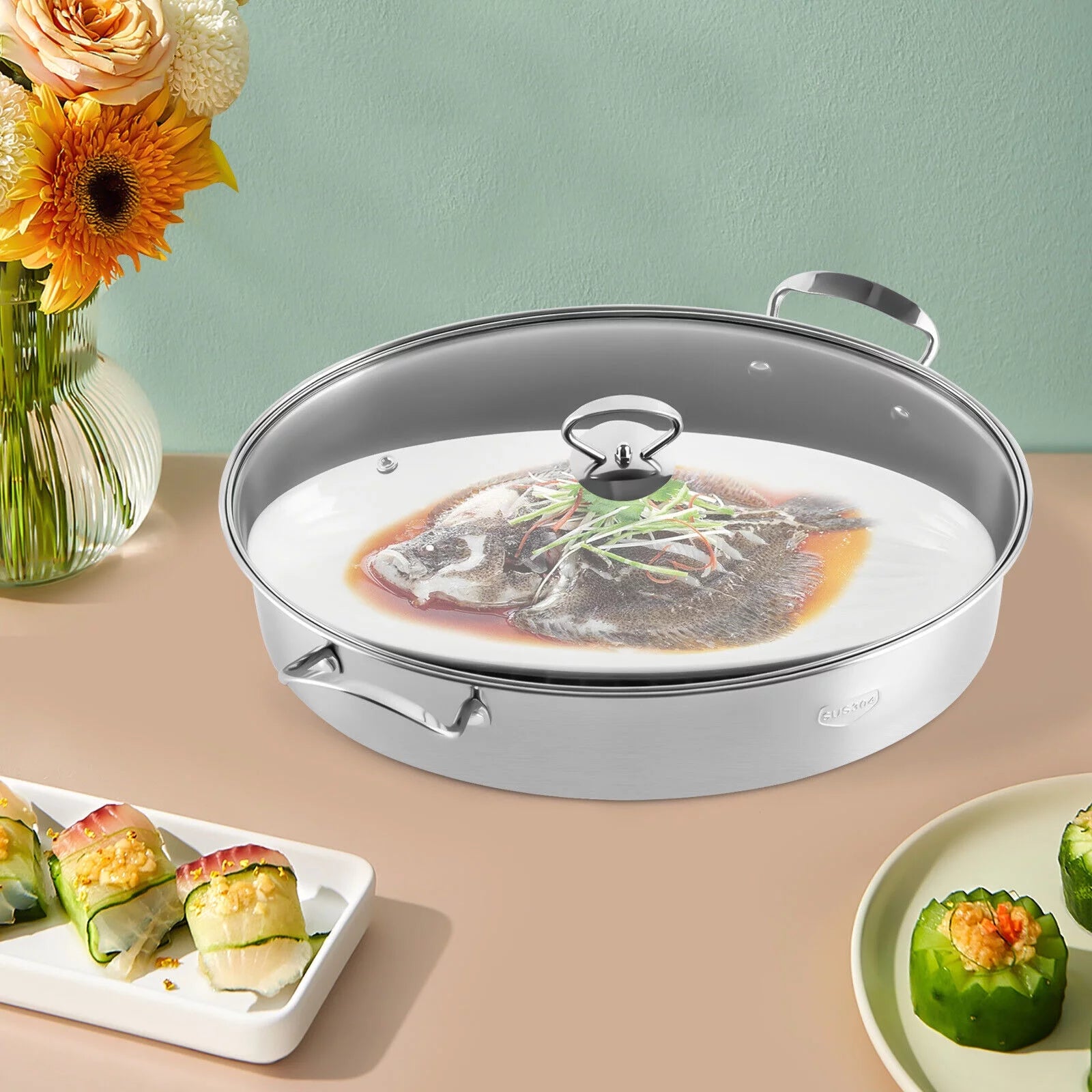 ZhdnBhnos Stainless Steel Fish Steamer with Glass Lid L7059