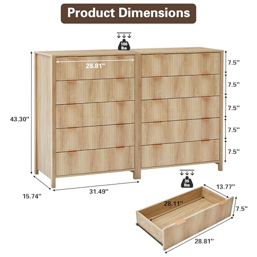 Fluted 5 Drawers Dresser for Bedroom, Wooden Tall Storage, Walnut L1075