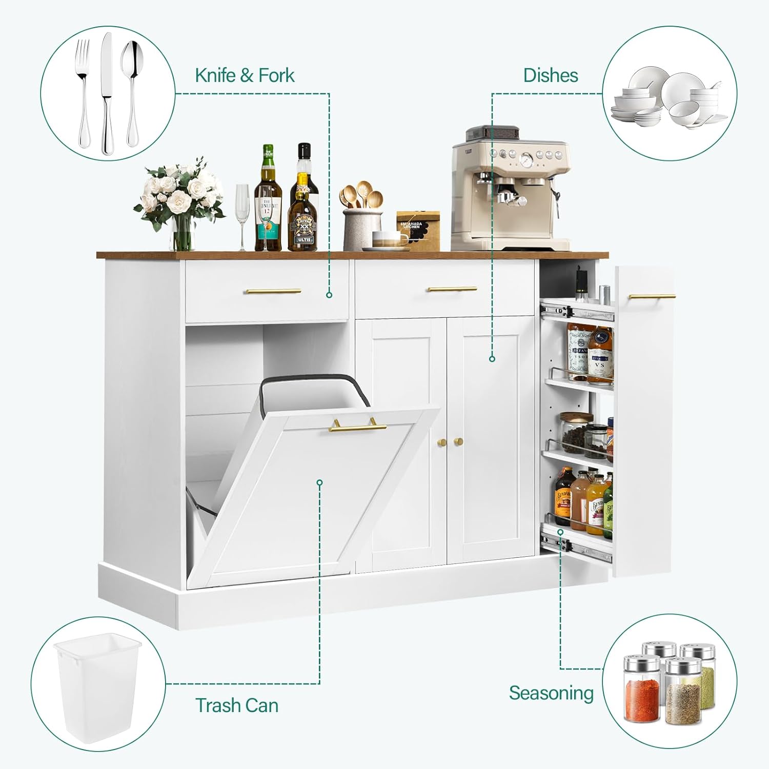 4 EVER WINNER Rolling Kitchen Island with Spice Rack and Trash Cabinet, White G453