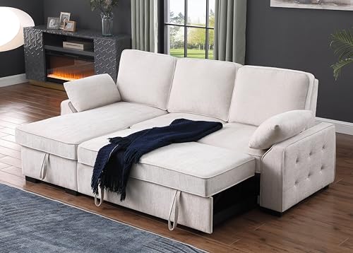 L-Shaped Pull Out Sleep Sofabed with Storage Chaise, Chenille Upholstered X30892