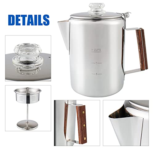 Stainless Steel Coffee Percolator 9 Cup for Campfire & Stovetop Q3376