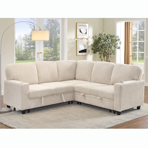 L-Shaped Pull Out Sleep Sofabed with Storage Chaise, Chenille Upholstered X30892