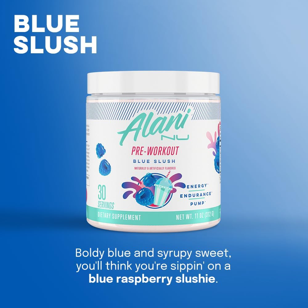 Alani Nu Blue Slush Pre Workout and Sour Peach Rings BCAA Post Workout Powder Bundle, 30 Servings F8779