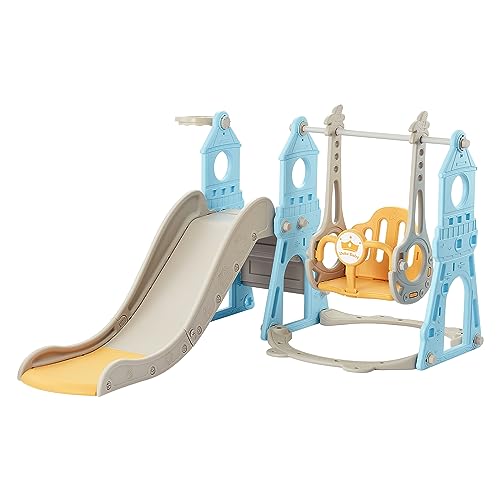 4-in-1 Toddler Slide and Swing Set with Basketball Hoop & Climber, Indoor/Outdoor Playset - Blue & Yellow J14810