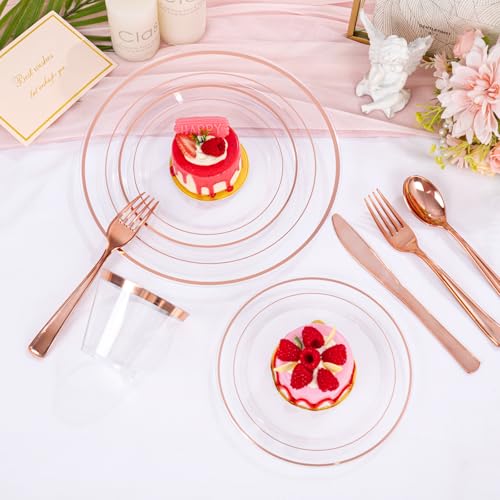 bUCLA 300PCS Gold Disposable Dinnerware Set - White and Gold Plastic Plates for Party S185