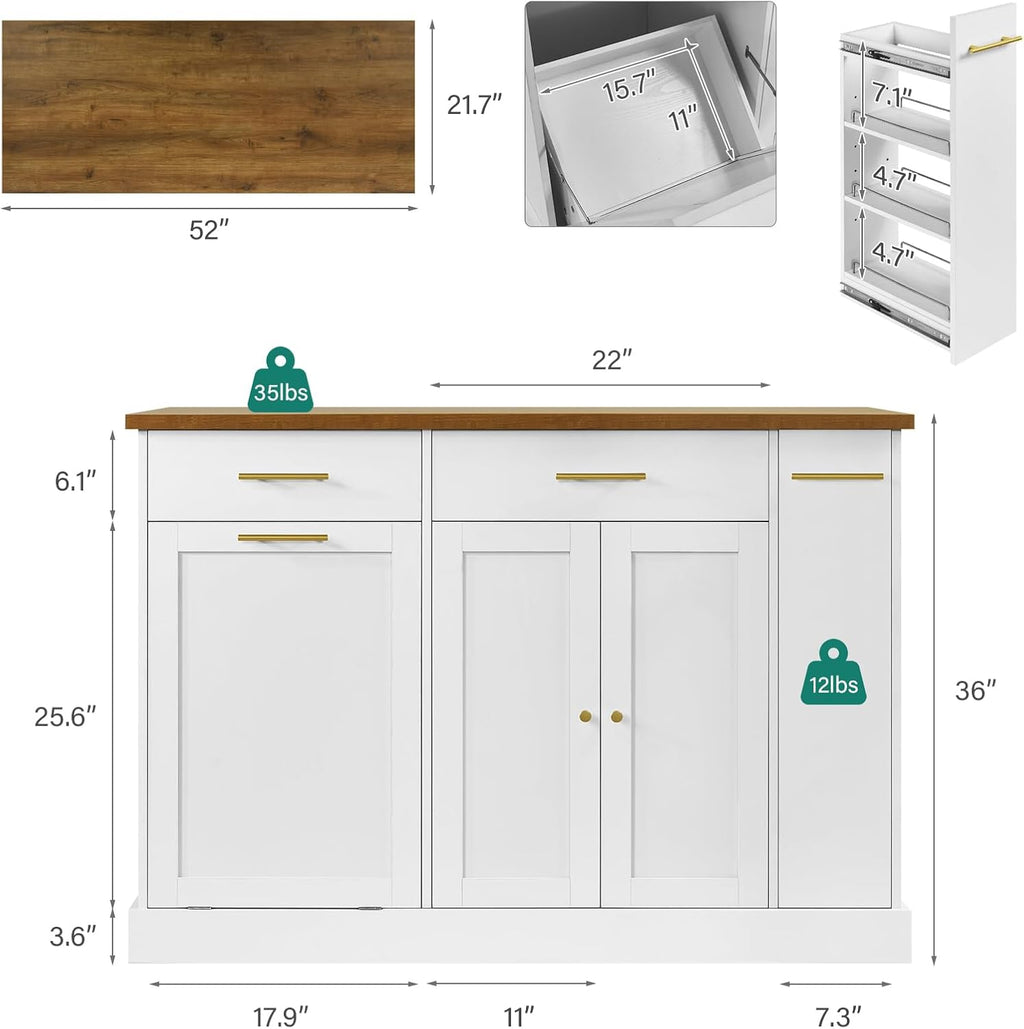 4 EVER WINNER Rolling Kitchen Island with Spice Rack and Trash Cabinet, White G453
