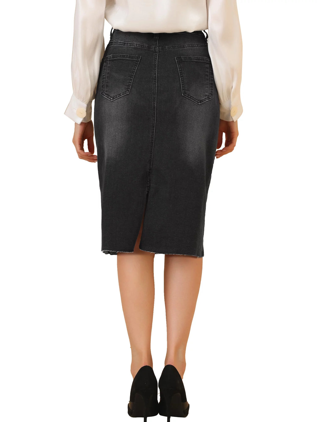 Unique Bargains Women's High Waist Denim Midi Skirt Black B4832