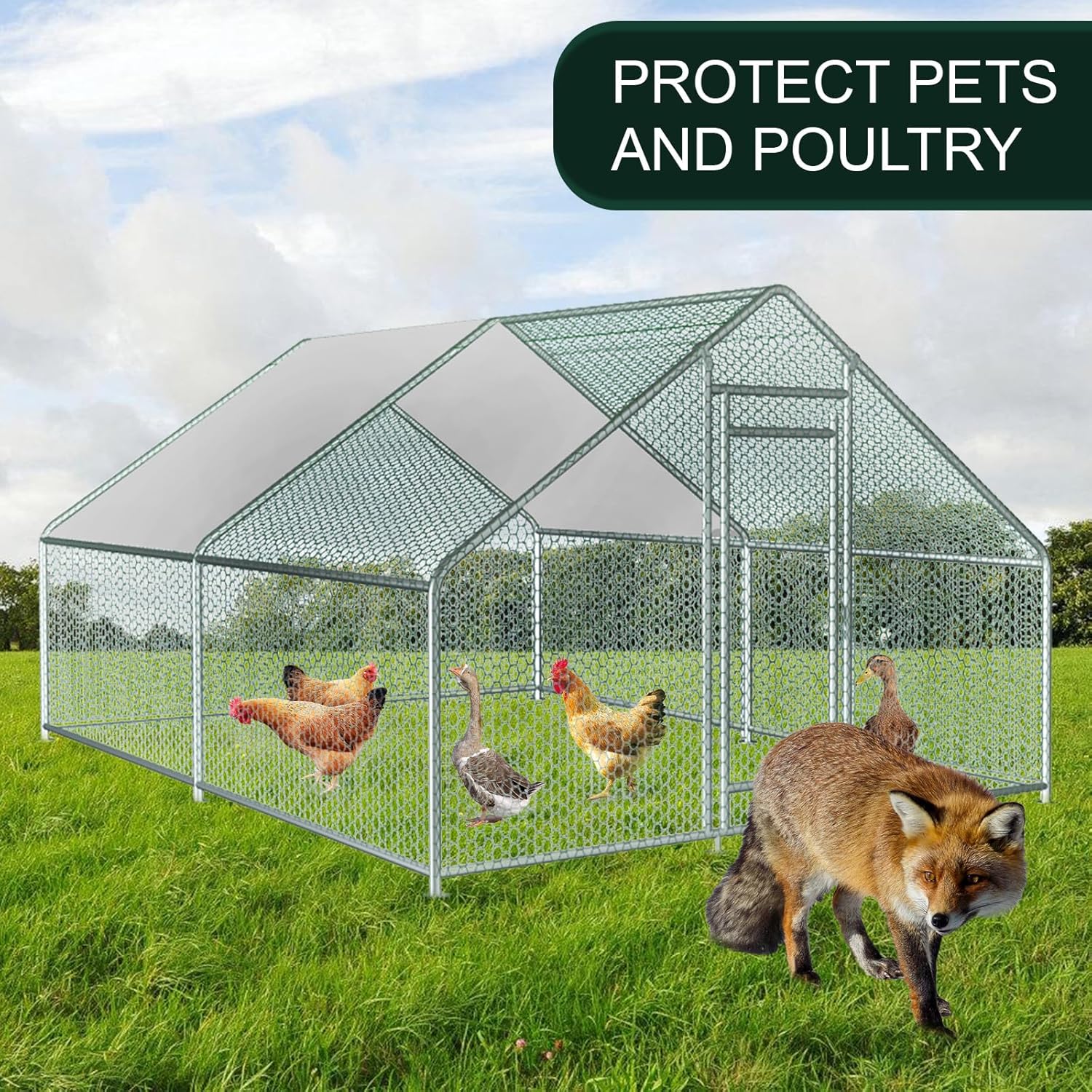 13x10x6.5 FT Metal Chicken Coop Walk-in Run with Waterproof Cover M5091