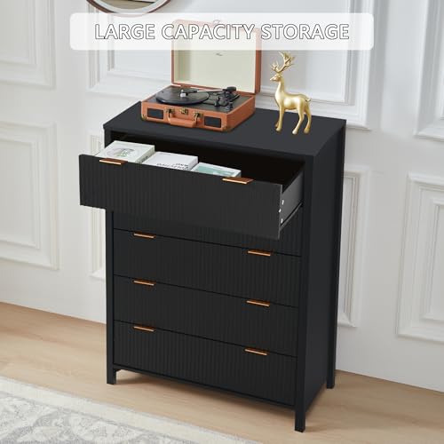 Fluted 5 Drawers Dresser for Bedroom, Wooden Tall Storage, Walnut L1075