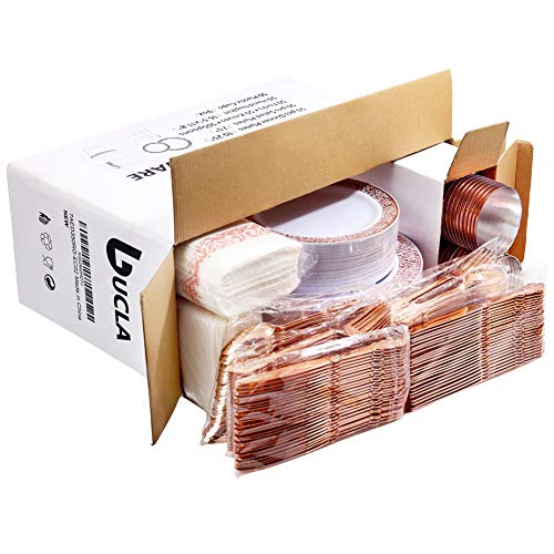 bUCLA 300PCS Gold Disposable Dinnerware Set - White and Gold Plastic Plates for Party S185