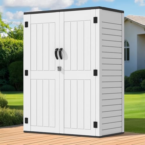 GOOBED Vertical Outdoor Storage Shed, 59 cu ft Lockable Waterproof Tool Organizer, Brown L70366