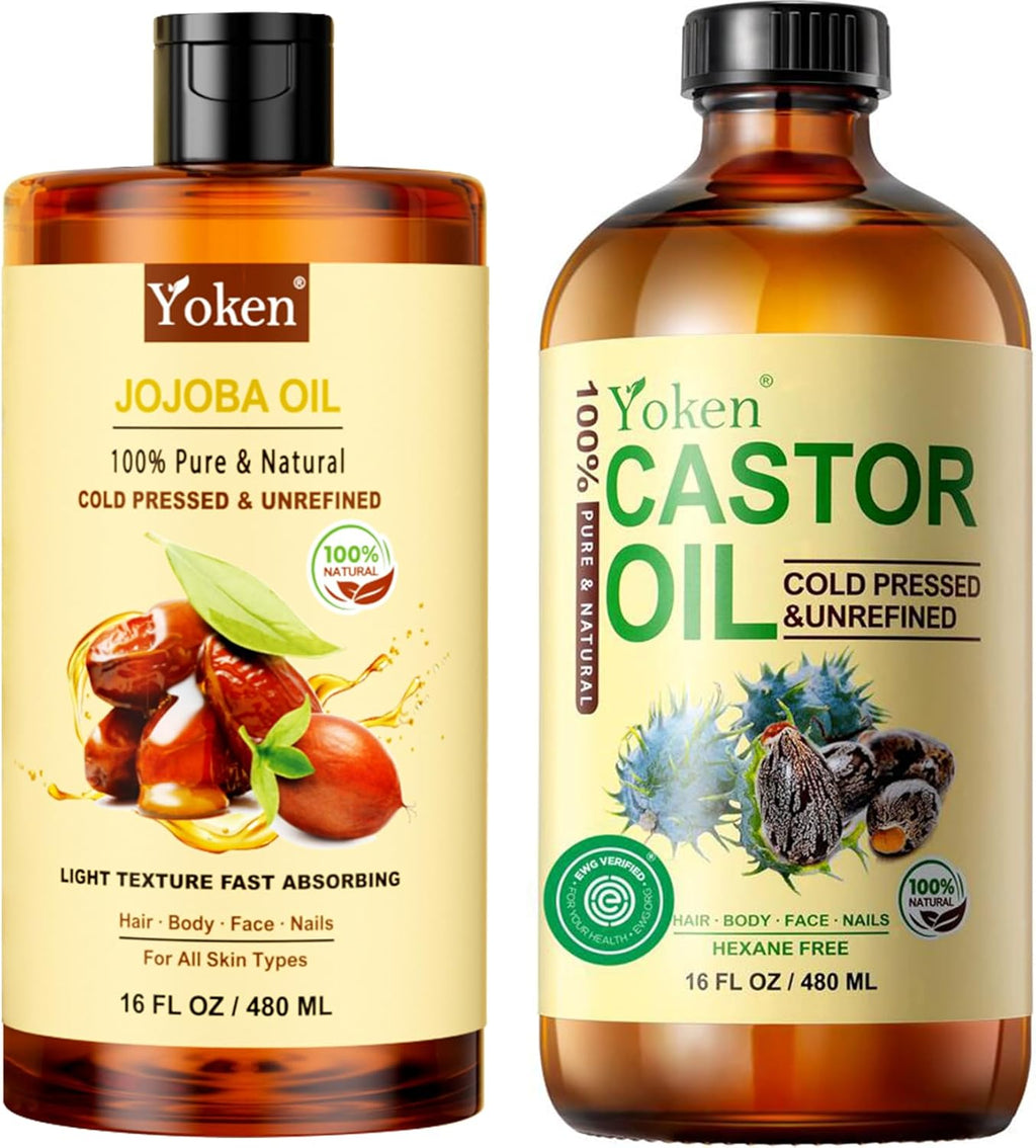Yoken Jojoba Oil & Castor Oil Glass Bottle Set: 16oz Each, 100% Pure & Natural, EWG Verified, Cold Pressed, Virgin, Hexane Free - Best Carrier Oils Hair Oils Facial Oils, Hydrating & Nourishing