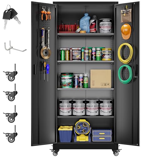 Aobabo 73''H Metal Garage Storage Cabinet with Wheels, Black S572804