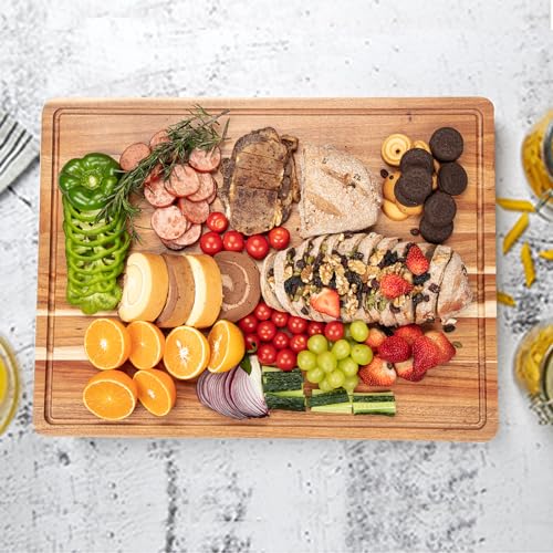 LinTimes XL Acacia Wood Cutting Board with Juice Groove & Handles, 20x15 In B9919
