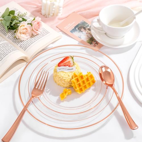 bUCLA 300PCS Gold Disposable Dinnerware Set - White and Gold Plastic Plates for Party S185