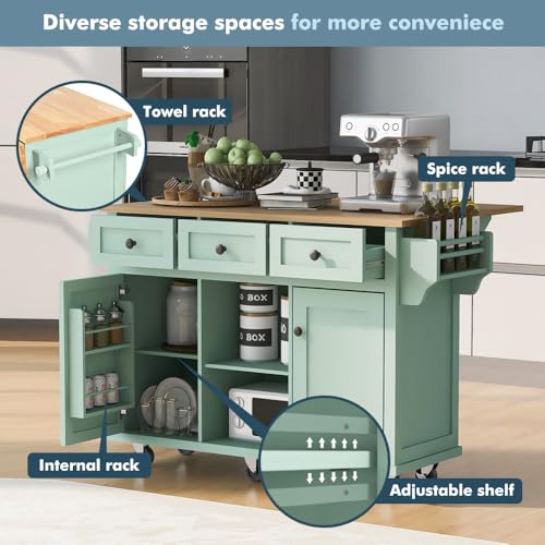 Rolling Kitchen Island on Wheels with Storage, Drop Leaf, White B725817