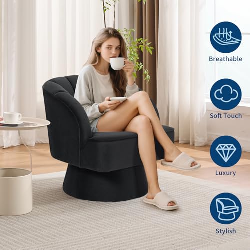 GarveeHome Modern Swivel Barrel Accent Chair, Teddy Fabric Upholstered Armchair, Black W334223
