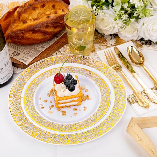 bUCLA 300PCS Gold Disposable Dinnerware Set - White and Gold Plastic Plates for Party S185