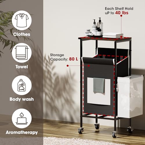 Laundry Hamper with Lid, Rolling Metal Frame Laundry Basket with Wheels, Black A6918