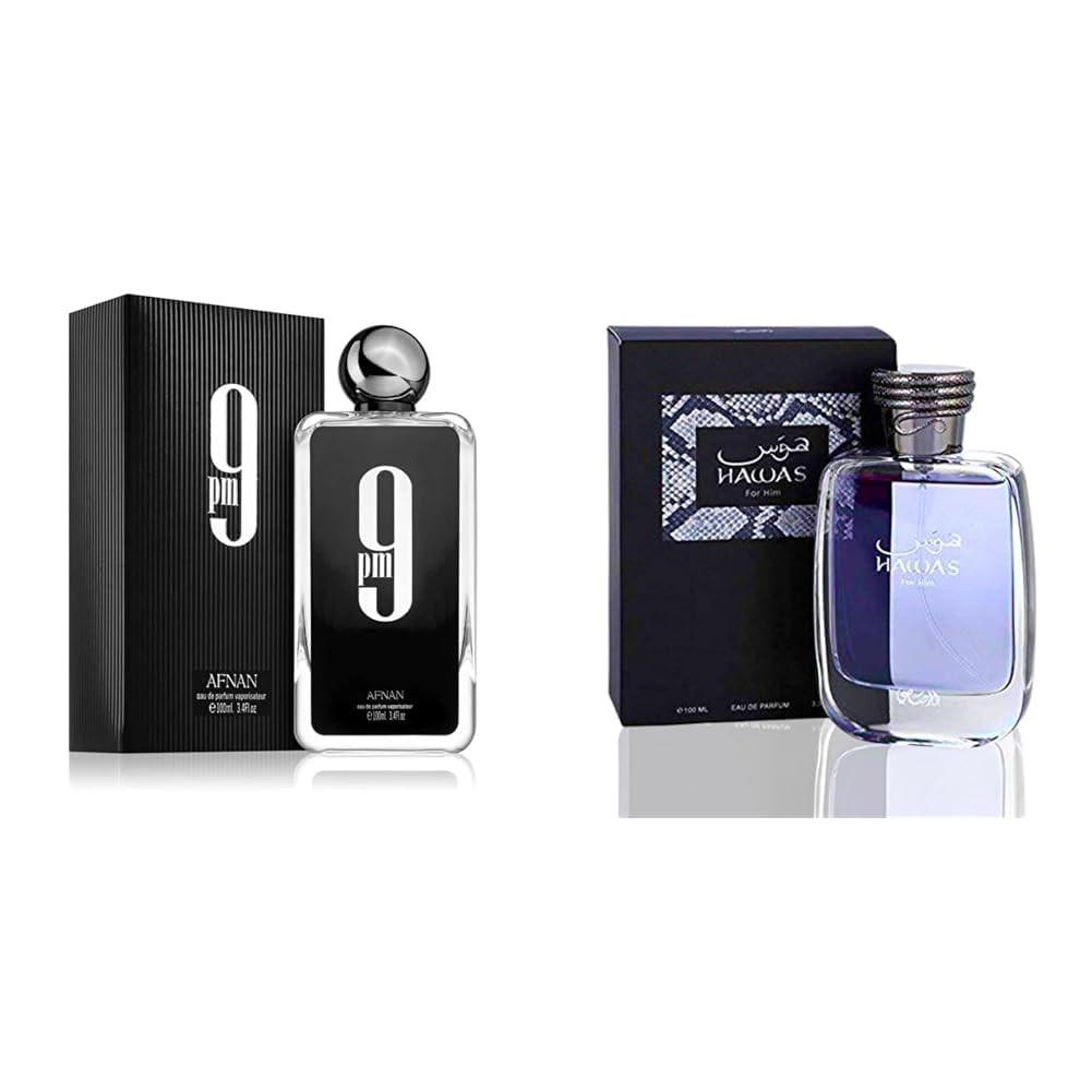 Afnan 9 PM for Men Eau de Parfum Spray, 3.4 Ounce and RASASI Hawas for Men Eau de Parfum Spray, 3.33 Ounce Fragrance Bundle