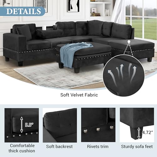 Merax Modern Sectional Sofa with Storage Ottoman, Black P61461