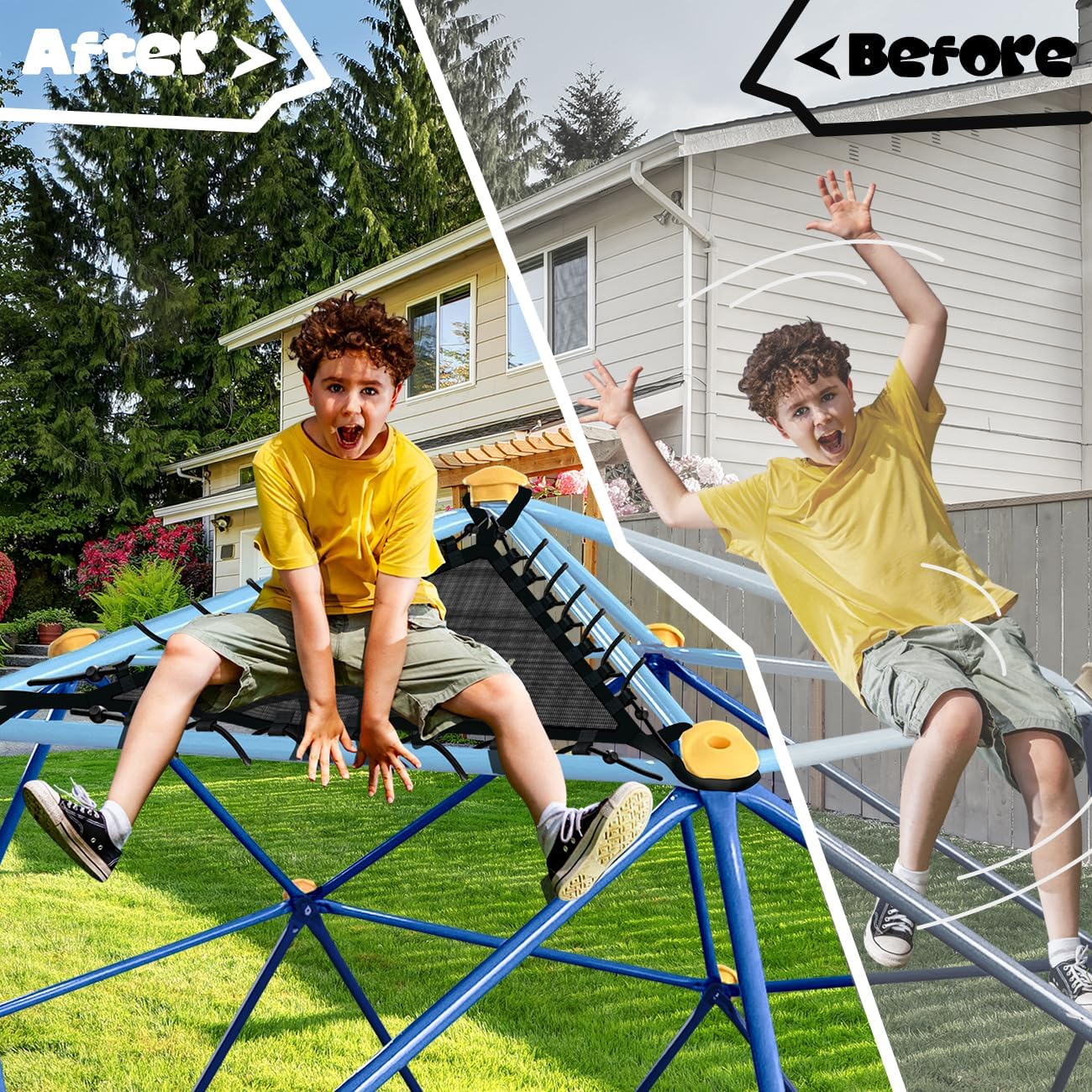 Geometric Climbing Dome with Net Chair, Rust & UV Resistant, Kids Jungle Gym J930