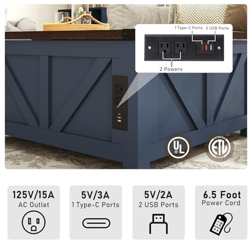 Farmhouse Lift Top Coffee Table with Storage and Charging Station, Brown J61149