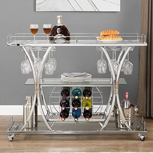 Silver Bar Cart Rolling Liquor Serving Cart with Wine Rack & Glass Holder O726690