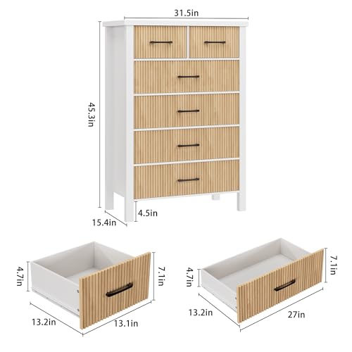Fluted 6 Drawers Dresser for Bedroom, Tall Boho Chest with Metal Handle, Natural Oak S427