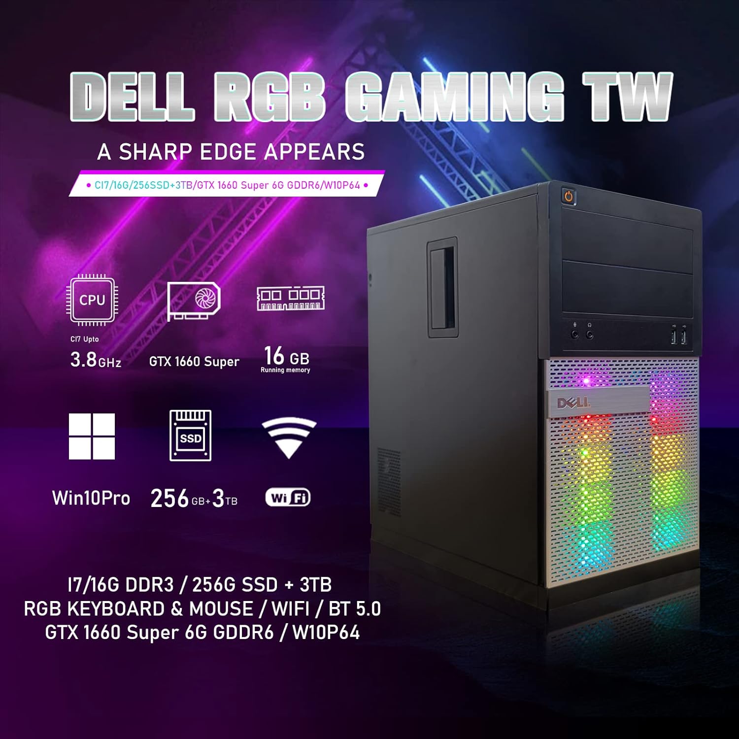 Dell RGB Gaming PC Desktop, Intel Core i7, GTX 1660 Super, 16GB RAM, 256GB SSD + 3TB, WiFi, Windows 10 Pro (Renewed) J408719