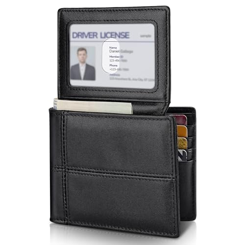 Mens Wallet Genuine Leather Bifold RFID Blocking Wallet for Men, 2 ID Windows 12-13 Card Holders, Gift Box
