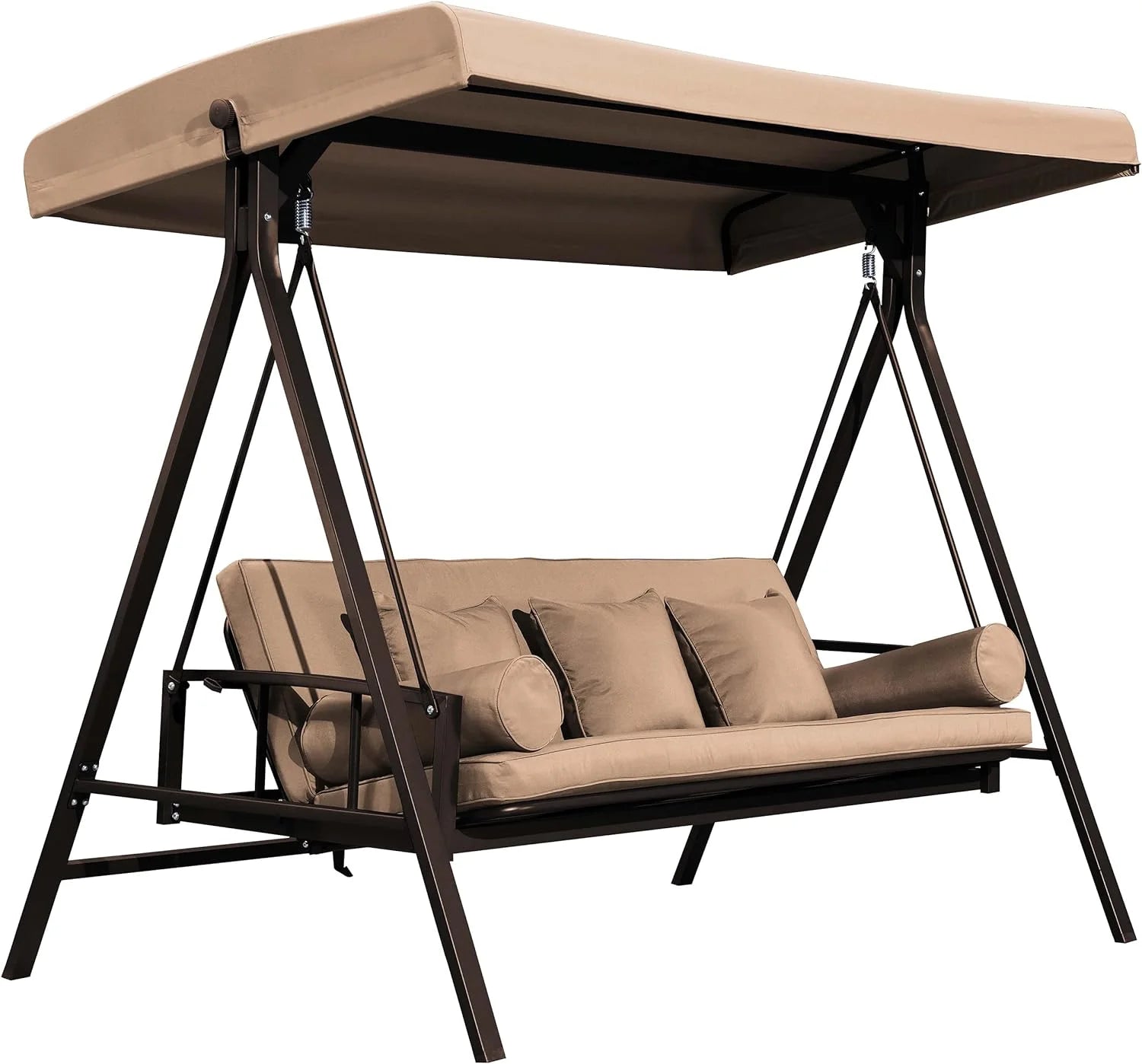 PURPLE LEAF Outdoor Patio Porch Swing Adjustable Backrest, 3-Seat Swing Chair with Weather Resistant Steel Frame for Backyard Front Porch Lawn, Cushion and Pillows Included, Beige