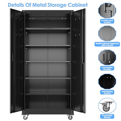 Aobabo 73''H Metal Garage Storage Cabinet with Wheels, Black S572804