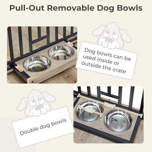 Dog Crate Furniture with Pull-Out Bowls, Heavy Duty Wooden Kennel, Grey F410