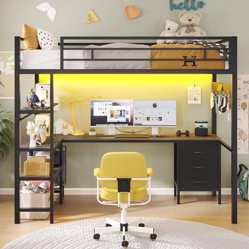 ADORNEVE Twin Size Metal Loft Bed with L-Shaped Desk, LED Lights, Charging Station S614727