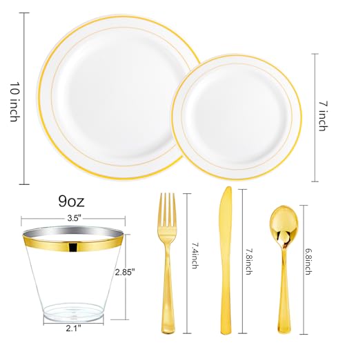 bUCLA 300PCS Gold Disposable Dinnerware Set - White and Gold Plastic Plates for Party S185