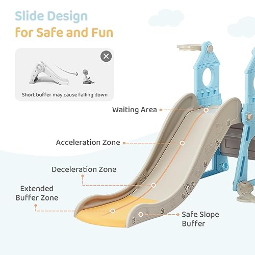4-in-1 Toddler Slide and Swing Set with Basketball Hoop & Climber, Indoor/Outdoor Playset - Blue & Yellow J14810