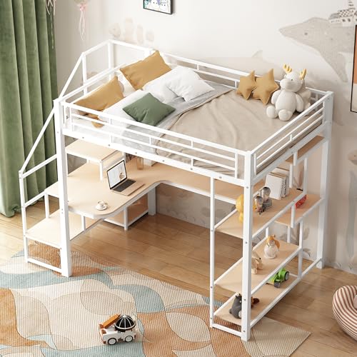 Full Size Loft Bed with Desk & Stairs, Heavy Duty Metal, Black E948