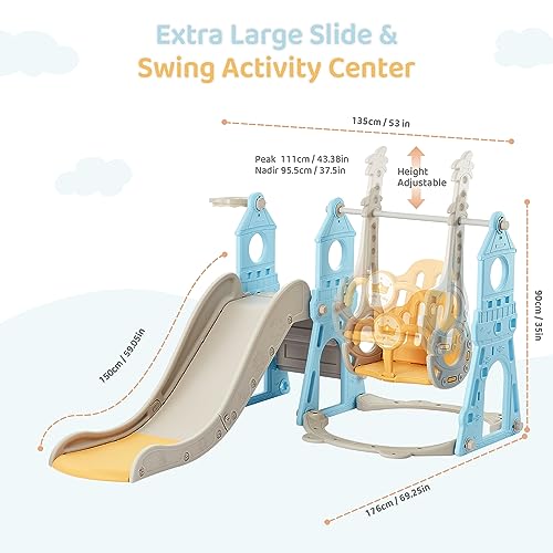 4-in-1 Toddler Slide and Swing Set with Basketball Hoop & Climber, Indoor/Outdoor Playset - Blue & Yellow J14810