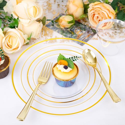 bUCLA 300PCS Gold Disposable Dinnerware Set - White and Gold Plastic Plates for Party S185