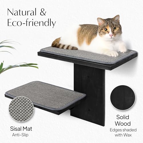 Cat Wall Shelves Two Large Steps Solid Wood with Sisal Scratching Post T8675