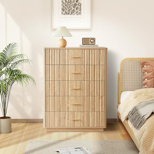 Fluted 5 Drawers Dresser for Bedroom, Wooden Tall Storage, Walnut L1075