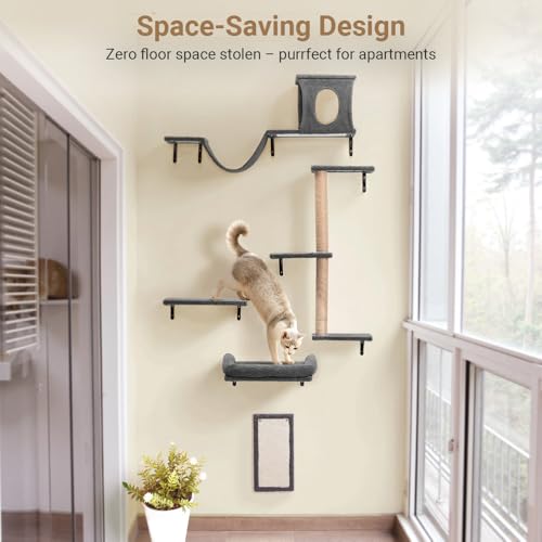 Cat Wall Shelves 5-in-1 Wooden Cat Climber with Perches and Scratching Post U216172