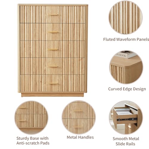 Fluted 5 Drawers Dresser for Bedroom, Wooden Tall Storage, Walnut L1075