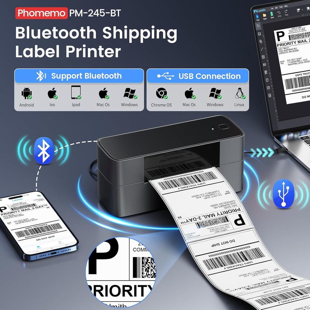 Phomemo 245-BT Bluetooth Thermal Label Printer for Shipping Packages M670