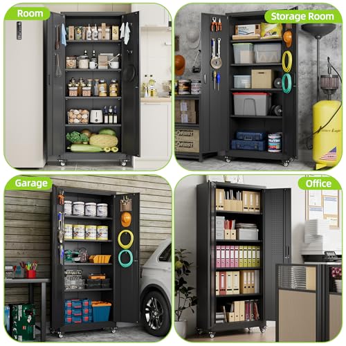 Aobabo 73''H Metal Garage Storage Cabinet with Wheels, Black S572804
