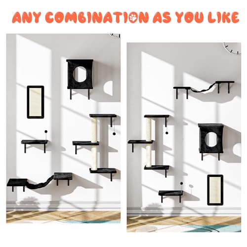 NUNU LAB Wall Mounted Cat Climber Set with House, Tunnel, Scratcher, Black M305
