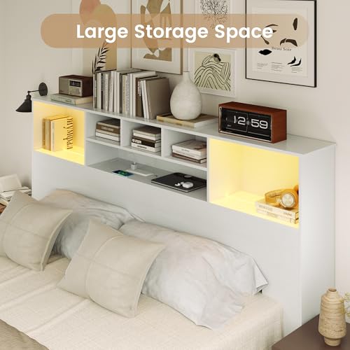 King Size Bed Headboard with LED Light and Storage Bookcase H72493