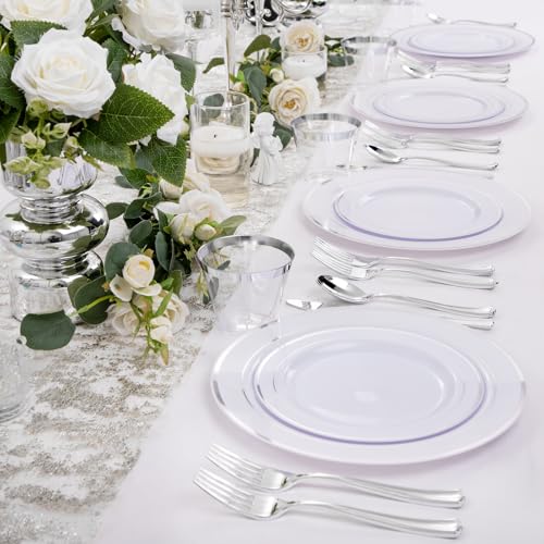 bUCLA 300PCS Gold Disposable Dinnerware Set - White and Gold Plastic Plates for Party S185
